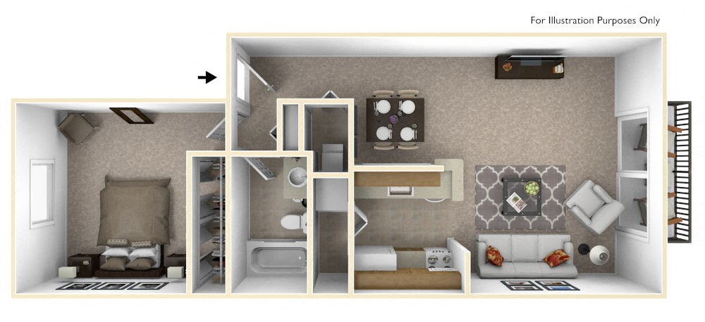Floor plan for 1 bed, 1 bath, 740 sqft